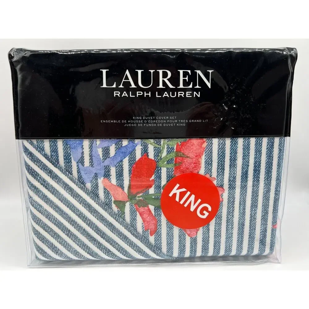 Ralph Lauren Maggie Floral Stripe 3Pc Cotton Duvet Cover Sham Set Blue King NWT.